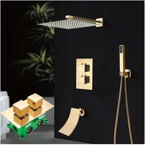 Duschsets, glänzendes Gold, Thermostat-Duscharmatur, Regenduschkopf, ABS-Kunststoff, Handbrause, Badezimmer, Warm-Kalt-Mischer-Duschsysteme