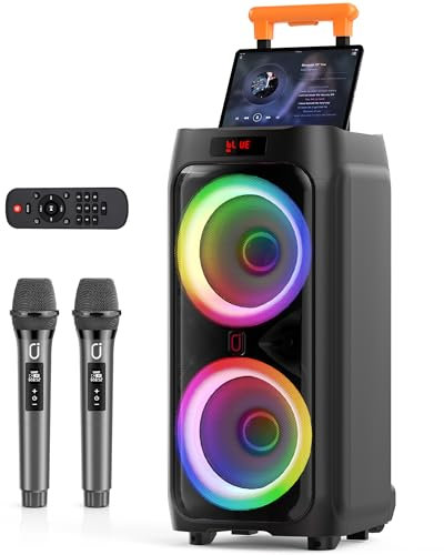 HWWR Machine de Karaoké avec 2 Microphones sans Fil pour Adultes,Enceinte Bluetooth Puissante avec Subwoofer 8, Système PA avec Lumières DJ,Idéal pour Les Fêtes en Plein Air.