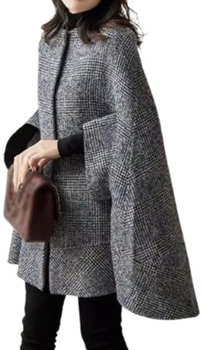 xxxiticat Damen Umhang Mantel 3/4 Viertelärmel Einreiher Knopf Plaid Umhang Poncho Jacke Erbsenmantel Winter Oberbekleidung, Grau, XX-Large