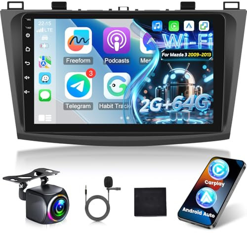 Android Autoradio für Mazda 3 2009-2013 mit Kabelloses Carplay und Android Auto, 9 Zoll HD Touchscreen Autoradio mit GPS/WiFi/Bluetooth/EQ/FM RDS