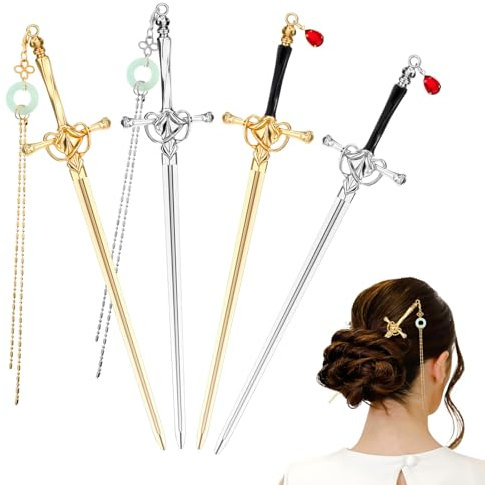 4 pasadores de pelo de espada, palillos de pelo chino de estilo antiguo, palillos de metal para mujer, accesorios de tocado vintage
