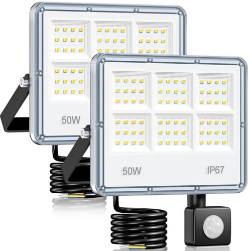 LED Strahler mit Bewegungsmelder Außen - 2 Stück 50W 5000 LM 6 In1 Lichtplatine LED Scheinwerfer mit Bewegungsmelder, IP67 Wasserdicht 7000 K Kaltweiß Fluter Außen für Garten, Hof, Garage, Straße