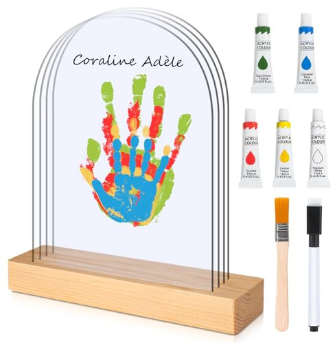 TOGOU2S Empreinte Main Famille 4 Plaques en Plexiglas 5 Couleurs de Pigments, Empreinte Bebe Convient Pour Les Anniversaires La Fête des Mères La Fête des Pères et Les Événements Familiaux