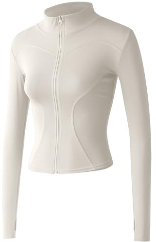 Sukany Women's Slim Fit Lightweight Athletic Full Zip Stretchy Workout Running Track Jacket with Thumb Holes Beige M