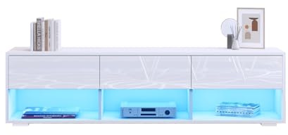 Genforiek Modern TV Stand Cabinet, High Gloss TV Unit with LED Lights 150CM, White Media Unit, LED TV Cabinet for Living Room, 3 Drawers and 3 Open Shelves, Home Furniture (White)