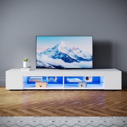 SONNI Mueble TV Blanco Brillo con Luces LED 12 Colores LED,Mesa de Salón para TV Estantes de Cristal 180 cm