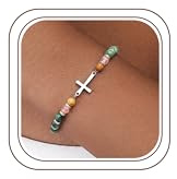Dochais Armband Damen Edelstahl Perlenarmband Verstellbar Kreuz Armband mit Naturstein Heilsteine Kette Geburtstags Taufe Weihnachten Christliche Geschenke für Frauen