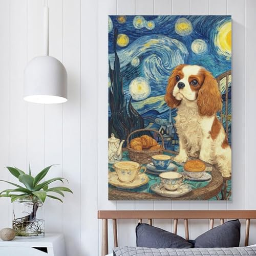 POLIUAWS Sternennacht-Teeparty mit Cavalier King Charles Spaniel Leinwandbild Wandbild Schlafzimmer für Teenager Mädchen Frauen Wohnzimmer Dekoration Wanddekoration 8x12 Zoll (20x30 cm)