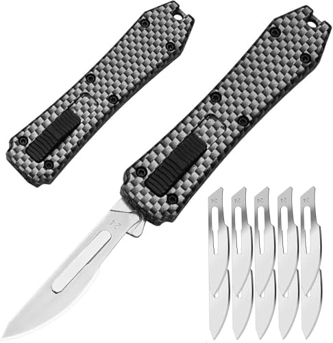 Amacigana Cuchillo multiusos, automático con botón pulsador, cúter retráctil con 10 cuchillas n.° 24, cuchillo multiusos de bolsillo (A 04)