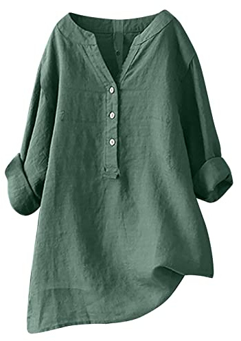 Longshirt Damen Sommer Button-Down Langarmshirt Leichte Musselin Bluse Lang Tunika Shirt V Ausschnitt Leinenbluse Lässig Hemdbluse T-Shirts Große Größen Freizeithemd Leinen Oberteile Mode Longbluse