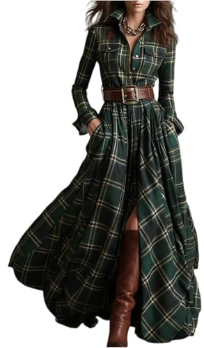 Robe Tartan pour Femme, Robe Chemise à Carreaux à Manches Longues, Robe Longue boutonnée avec Ceinture, Ourlet asymétrique, Robe mi-Longue, décontractée, Vintage, bohème, col en V, Robe de Vacances à