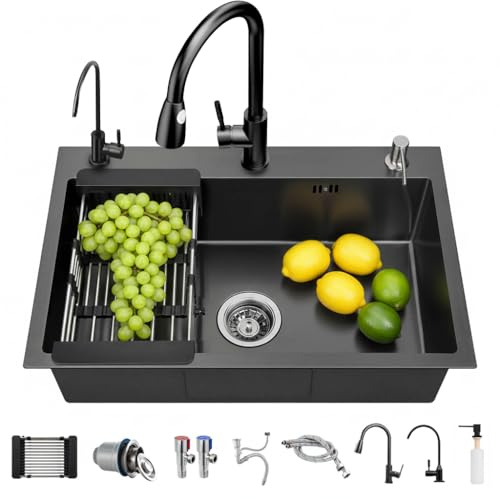 Fregadero de cocina negro mate, 304, de acero inoxidable, 60 x 45 cm, para empotrar con grifo, dispensador de jabón, grifo de agua potable (60 x 45 cm)