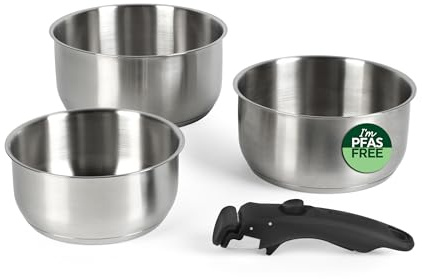 Russell Hobbs Smart Clip Topfset, 4-teilig, Edelstahl, 18/20 cm | Abnehmbarer Clip-Griff, stapelbares Nesting-Design, ofenfest bis 200 °C, PFAS- und PFOA-freie Beschichtung, Satin-Finish