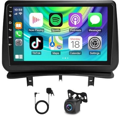iSpchen Android 15 Autoradio 4+64G für Renault Clio 3 2005-2014,2Din mit Carplay Android Auto 9 Zoll Touchscreen Bluetooth FM GPS Navi WiFi Geteilter Lenkradsteuerung Rückfahrkamera Mic