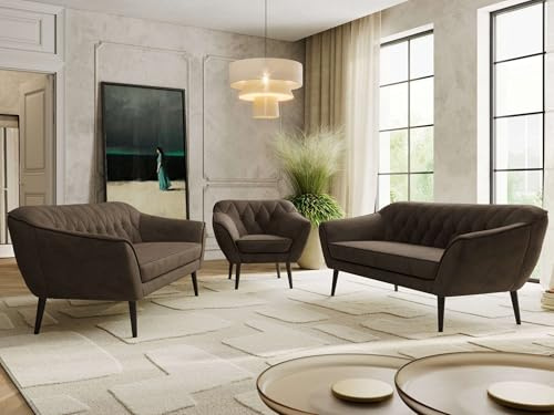 MKS MEBLE Sofagarnitur PIRS 3 + 3 + 1 - Couchgarnitur im skandinavischen Design, Gesteppte Polsterung, Wellenfederung, Wohnzimmer Sofa Set - Schwarze Beine, Braun Velvet