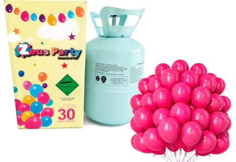 Zeus Party Elio per palloncini - Kit Bombola gas elio per il gonfiaggio di 30 palloncini INCLUSI per feste e party di ogni genere - circa 0,29 metri cubi di elio PURO (Fucsia)
