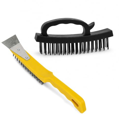 NAVOYS 2pc Wire Brush Set | Heavy Duty Steel Wire Cleaning Brushes with Long Handle Scraper & Handheld Knuckle Guard Brush | Rust Remover Brushes for BBQ Grills, Tools, Metal & Patio Cleaning