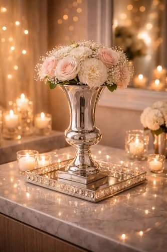 20 cm Blumentopf Vase Deko Hochzeitsdeko Übertopf Blumenvase Amphore Pflanzgefäß Pflanztopf Hochzeitstischdeko Keramik Vase Tischvase Silber Amphorenvase Trompetenvase Deko Vase Hochzeitsdekoration
