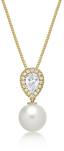 Diamond Treats Glänzende echte Perlenkette mit 8 mm weißen echten Süßwasserperle, Anhänger mit Cubic Zirkonia Steinen besetzt, Elegante 9K Gelbgold Perlenkette mit Goldkette
