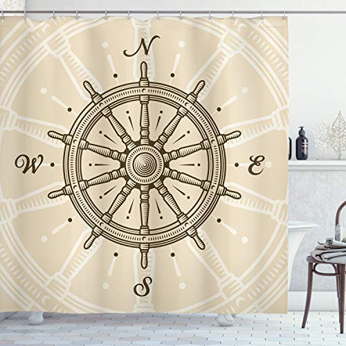 ABAKUHAUS Duschvorhang, Vintage Schiff Rad Antike Segelboot Navigation Werkzeug Monochromen Deco Druck, Stoffliches Gewebe Badezimmerdekorationsset mit Haken, 175 X 200 cm, Beige Braun