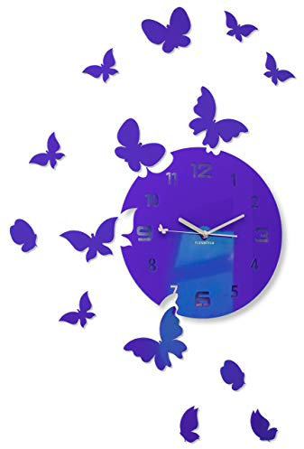 FLEXISTYLE Grande orologio da parete moderno a forma di farfalla, rotondo, 30 cm, 15 farfalle, soggiorno, camera da letto, cameretta dei bambini, prodotto nell'UE (viola (mirtillo)