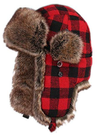 Cozomiz Wintermütze Warme Fliegermütze with Ohrenschützer für Herren Damen Fellmütze Kunstfell Russenmütze Pilotenmütze Hut Trappermütze Uschanka Gingham Rot Large