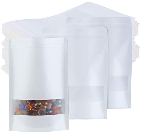 TsunNee 50PCS Kraft Paper Stand Up Food Bags, Reusable Ziplock Seal Bags, White Paper Food Packing Bag with Transparent Window, 17x24cm