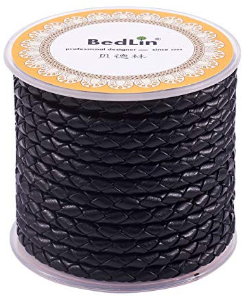 PandaHall 5 Meters 4mm Braided Leather Cord Black Round Genuine Leather Cord for DIY Bracelet Necklace Jewelry Making