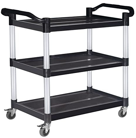Kunststoff-Schiebwagen, robust, 177 kg Kapazität, 3-stöckiger Rollwagen, schwarzer Service-Wagen für Gastronomie, Restaurant, Reinigung, Büro, Lager, (80 x 40 x 90 cm)