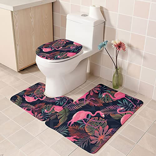 BZSBH Badematte Set 3 Teiliges Memory Foam Badezimmerteppich Rosa Tierischer Flamingo, Badgarnitur Badezimmer Badvorleger Sets, Waschbar Weiches rutschfest Badematte U-Förmige Teppich WC-Vorleger