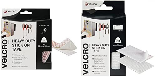 VELCRO Brand Heavy Duty Stick On White Tape 50mm x 2.5m, Hook and Loop Tape Self Adhesive Strips Fastener Roll & VELCRO Brand 2pk Heavy Duty White Stick On Strips 50mm x 100mm
