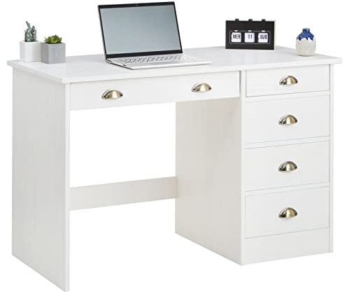 IDIMEX Bureau Lana avec Rangement 5 tiroirs et poignées en Forme de Coquille, en pin Massif lasuré Blanc