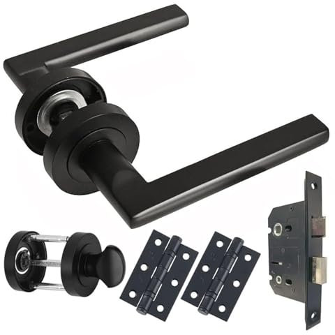 HANDLESTORE Straight Lever on Rose Door Handle - Matt Black Door Handles - Latch, Lock or Bathroom (Bathroom Pack)