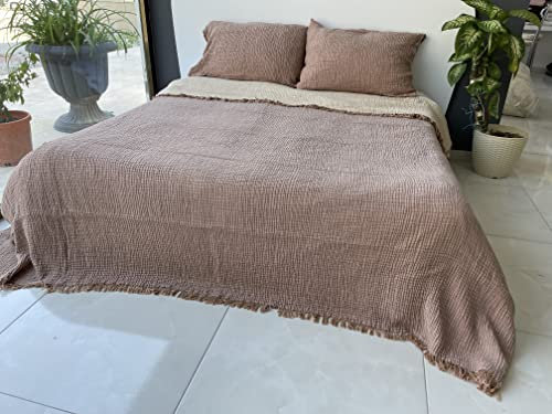 BONPERLA Musselin-Decke, 100 % Baumwolle, 4-lagige Tagesdecke, weiche türkische Baumwolle, Musselin, wendbar, Braun (Standard 2 Kissenbezüge 50 x 70 cm)
