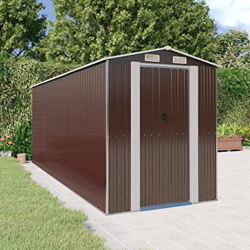 homiuse Geräteschuppen 192x523x223 cm Verzinkter Stahl Gartenhaus Metall Gartenschrank Fahrradgarage Fahrradbox Gartenschrank Wetterfest GartenhüTte GeräTehaus Metall Outdoor GeräTehaus Dunkelbraun