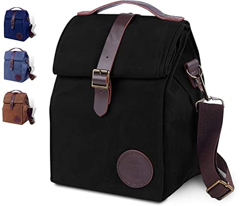 ASEBBO Classic Canvas Lunch Bag, 10L Insulated with Shoulder Strap | Waxed canvas, 59 Adjustable Shoulder Strap, Double Leather Handles, Leakproof, Over 4 Hours Insulation, Black