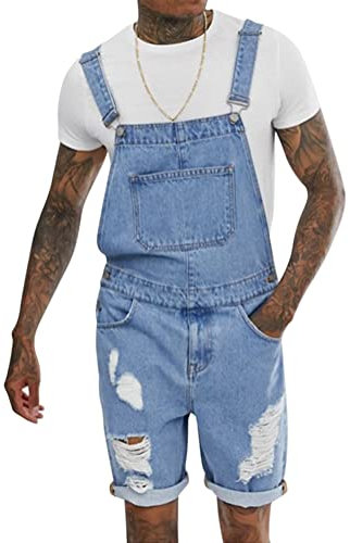 Oanviso Salopette Corta in Denim da Uomo Tinta Unita/Foro Strappato Jumpsuit con Cinturino Regolabile Multi-Tasche Casual Jeans Comodo Salopette Classico Vintage Abiti da Lavoro C Blu Chiaro 3XL