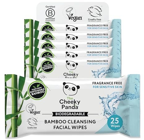 The Cheeky Panda Bamboo Face Cleanser Makeup Remover Wipes Unscented | 6 Packs of 25 | 99% Purified Water | Plant Based & Vegan | Sustainable Alternative