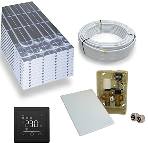 Warmwasser Trockenestrich Fußbodenheizung HoWaTech DRY Komplett Set 5/10m² Dämmplatte 30mm EPS WLG 035 DEO und E-Regelbox WLAN Touch schwarz, Heizfläche:10.00m²