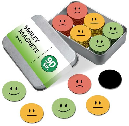 BIROYAL 90 STK. Smiley Magnete Belohnungstafel | Magnete Smiley ø30mm | Kühlschrank Magnet für Whiteboard, Belohnungs Kinder, Tafeln | Starke haftende Flach-Magnet | Lehrer Zubehör | 3 Emoticons