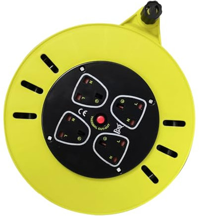 Outdoor Extension Lead, 10m 4 Socket Extension Reel, Heavy Duty Extension Cable, Thermal Cut Out and Power Switch, Cassette Cable Reel for Garden Lawn Mower Office, Bright Yellow