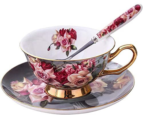 HUAMu Ensemble coupe et soucoupe style européen art os céramique chinoise thé tasse à café pour la maison, la cuisine, un mariage