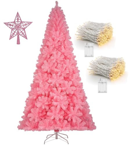 KTKDE 6ft Artificial Pink Christmas Tree, Xmas Tree with 1005 Branch Tips and Decorations(Pink Top Star, 2set 200 Tips Battery Boxes Powered) Metal Stand, Suitable for Home Office Store Bar