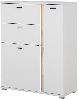 Highboard Sideboard Kommode in weiß mit Eiche, inkl LED Beleuchtung