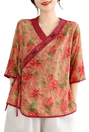 YM YOUMU Camicetta estiva tradizionale cinese da donna top mezza manica scollo a V etnico cotone lino camicia Qipao