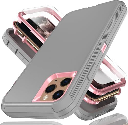 YmhxcY for iPhone 11 Pro Case 5.8-Inch with Explosion-Proof Screen Protector,3 in 1 Shockproof TPU Hard PC Bumper Drop-Proof Shell for iPhone 11 Pro-Gray/Pink