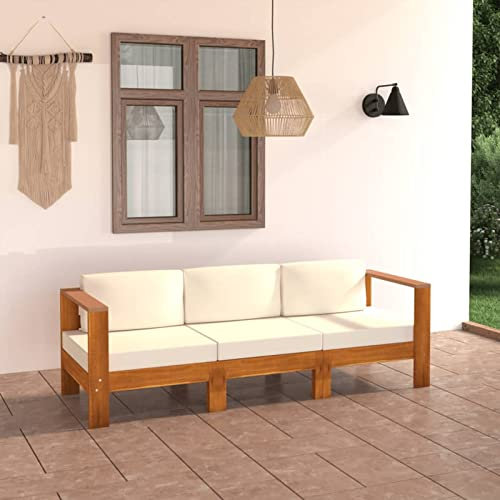 LAPOOH 3-Sitzer-Sofa mit Kissen, cremefarben, massives Akazienholz, Gartenmöbel, Outdoor-Möbel, Terrassenmöbel, Chillout, Terrassensofa, 3057927