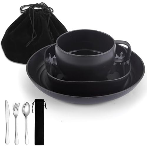 ReaNea - Set di utensili da campeggio, piatti e ciotole da campeggio con tazza da caffè, set di posate da viaggio, include cucchiaio, forchetta, coltello, per casa, piscina, all'aperto, picnic,