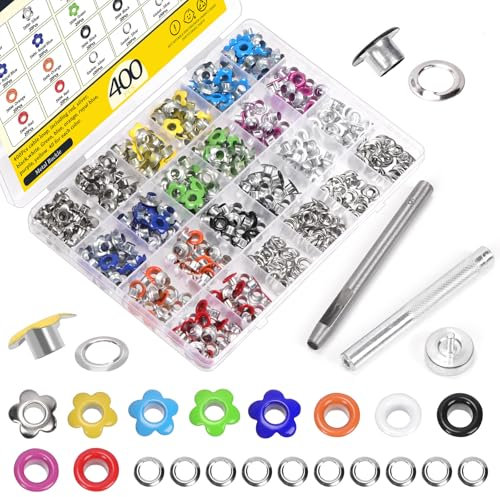 Mardatt 402Pcs 10 Colors Flower Eyelet Grommets, 3/16 Zoll Blume & Runde Ösen Kit, gemischte Farben Runde Metall Ösen Blumen Ösen Scrapbooking mit Installationswerkzeug für Stoff Kleidung Schuhe