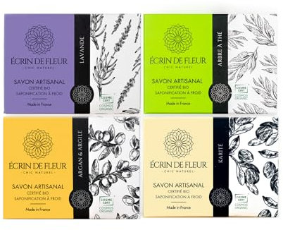 Écrin de Fleur - Pack de 4 jabones artesanales ecológicos (jabón de árbol de té, jabón de lavanda, jabón de manteca de karité, jabón de argán y arcilla)